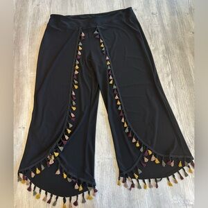 Joseph Ribkoff Black Wide Leg Split Thigh Palazzo Colorful Tassel Trim Pants 18.
